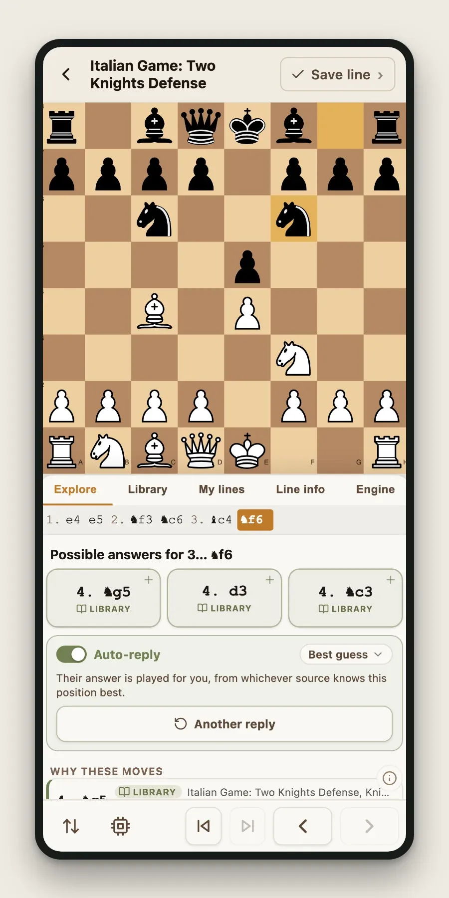 The line builder: a board part-way through the Italian Game, with the explorer panel open beneath it