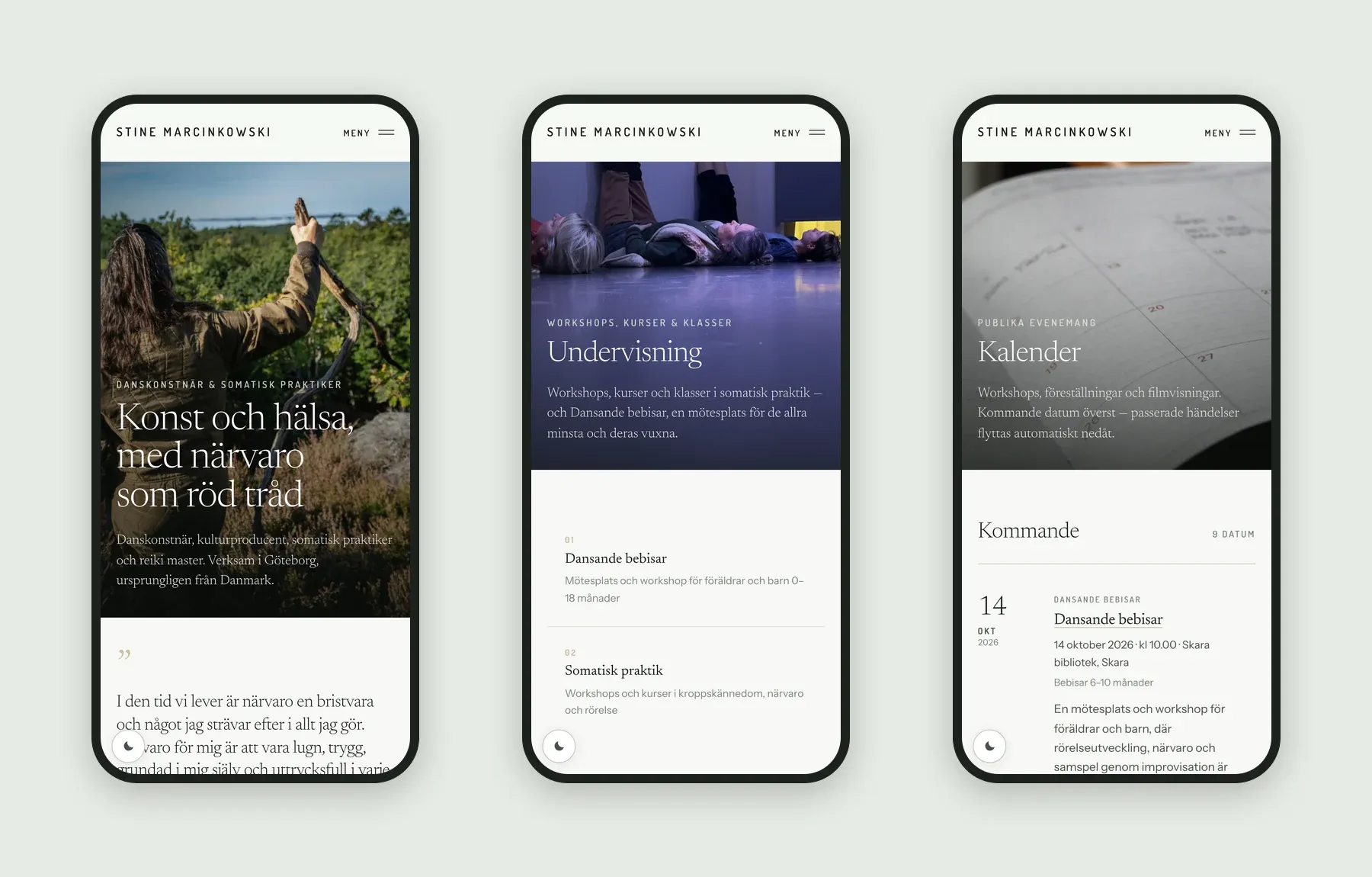Three phone screens: the home page, the teaching page and the calendar